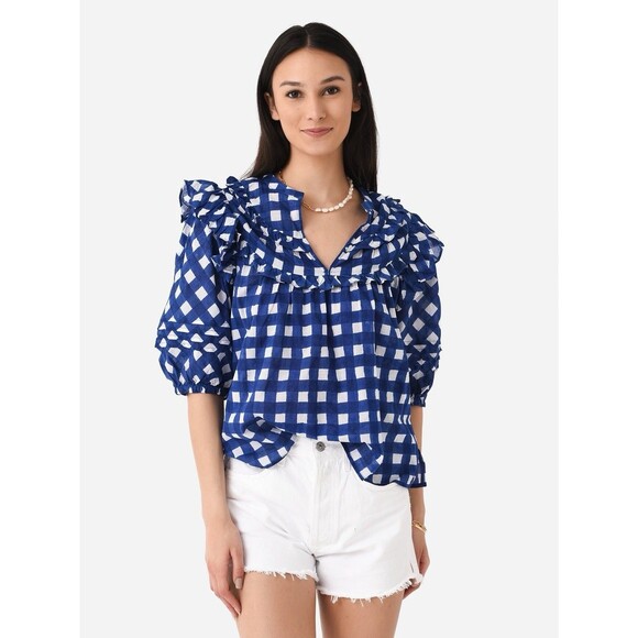 Cleobella Painterly Gingham Elbow Sleeve Split Neck Millie Blouse Womens XL - Picture 1 of 14